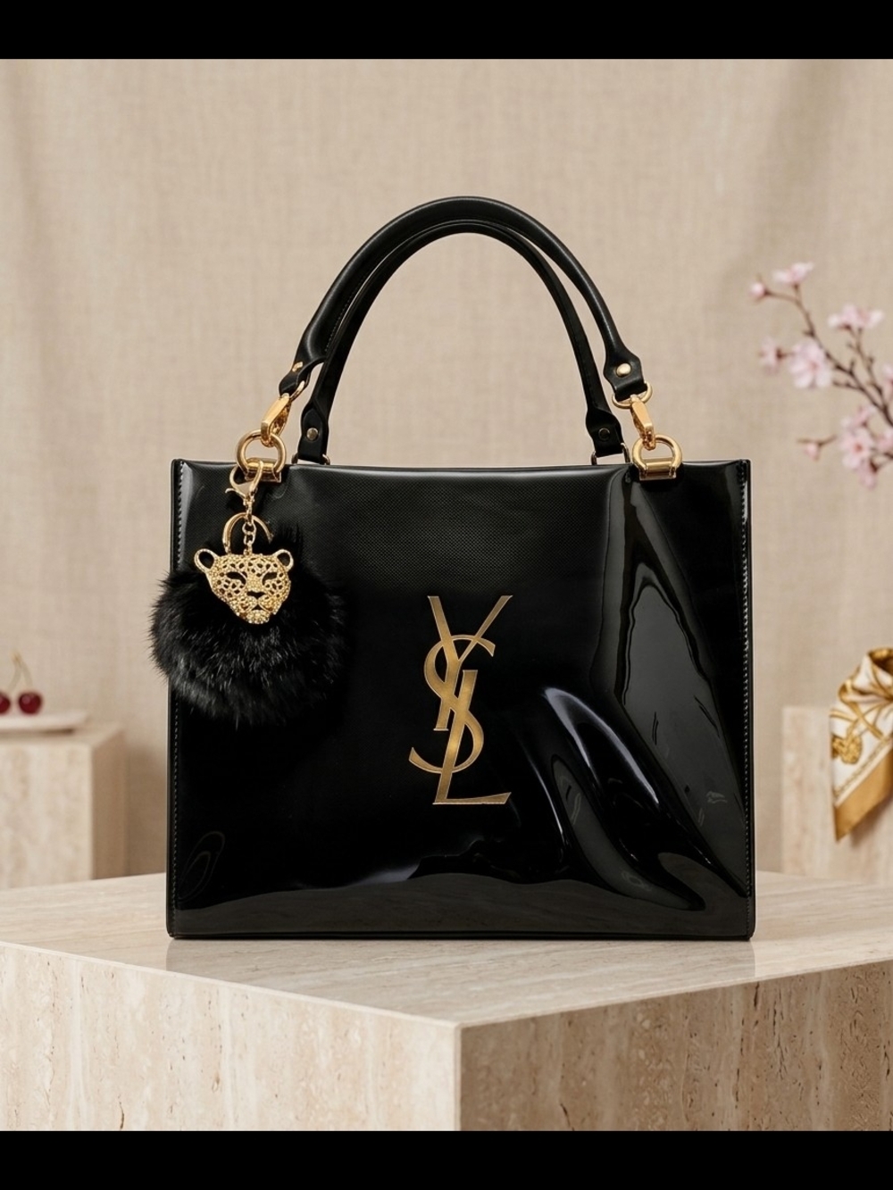 Saint Laurent Black Patent Satchel with Gold YSL Logo